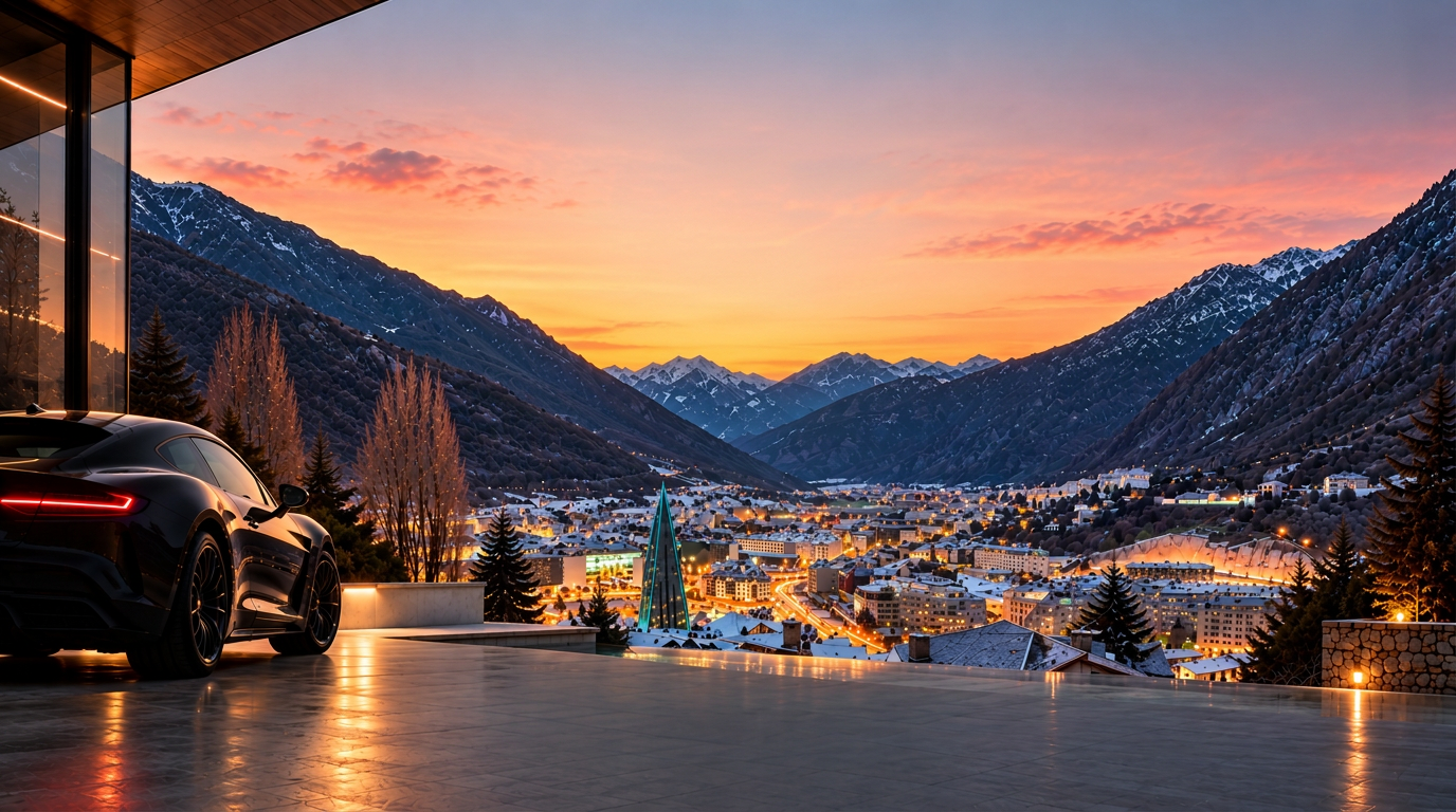 Black sports car overlooking a snowy Pyrenean valley at sunset